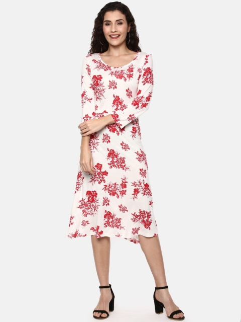 

YCANF Women White & Red Floral Printed A-Line Dress