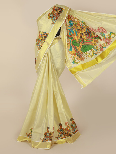 

Pothys Cream-Coloured & Gold-Toned Pure Cotton Printed Kasavu Saree
