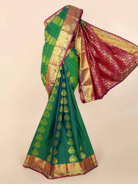 

Pothys Green & Gold-Toned Art Silk Printed Kanjeevaram Saree