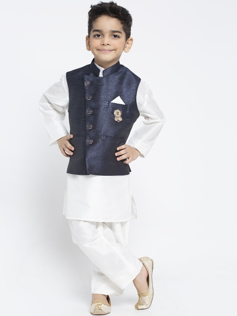 

MAXENCE Boys White & Navy Blue Solid Kurta with Pyjamas