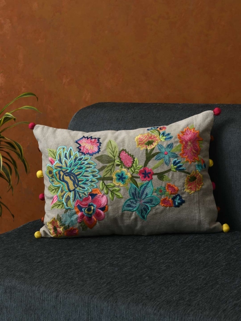 AMOROSA Grey & Green Floral Embroidered Rectangle Cushion Covers