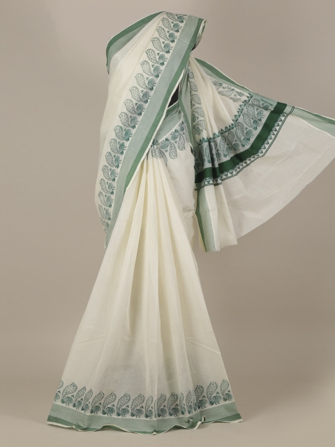 

Pothys Off-White & Green Pure Cotton Solid Kasavu Saree