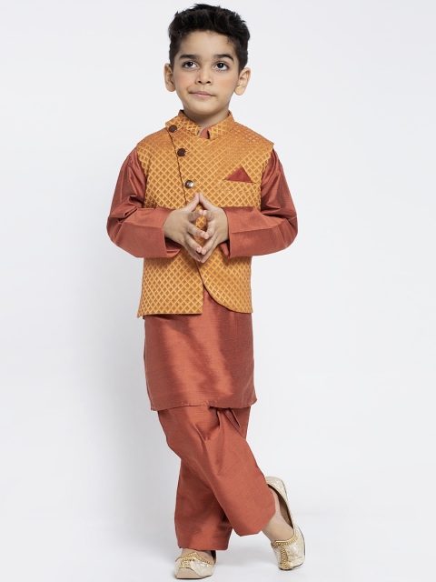 

MAXENCE Boys Brown & Orange Solid Kurta with Pyjamas Set with Waistcoat
