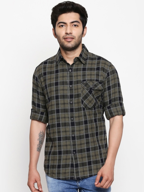 

Mufti Men Olive Green & Black Slim Fit Checked Cotton Casual Shirt