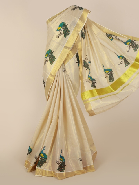 

Pothys Beige Pure Cotton Printed Kasavu Saree
