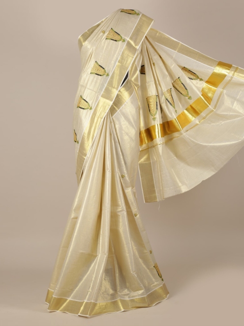 Pothys Cream-Coloured & Gold-Toned Pure Cotton Solid Kasavu Saree