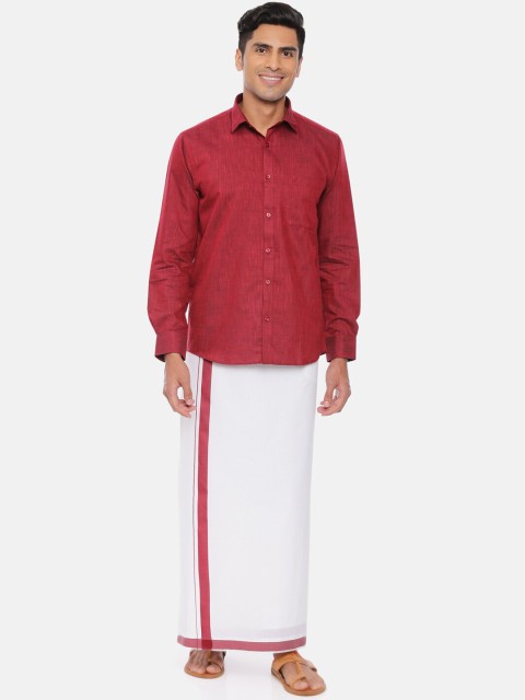 

UATHAYAM Men Maroon & White Solid Shirt With Dhoti