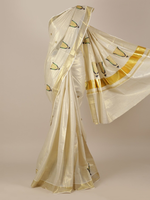 

Pothys Cream-Coloured & Gold-Toned Pure Cotton Embroidered Kasavu Saree