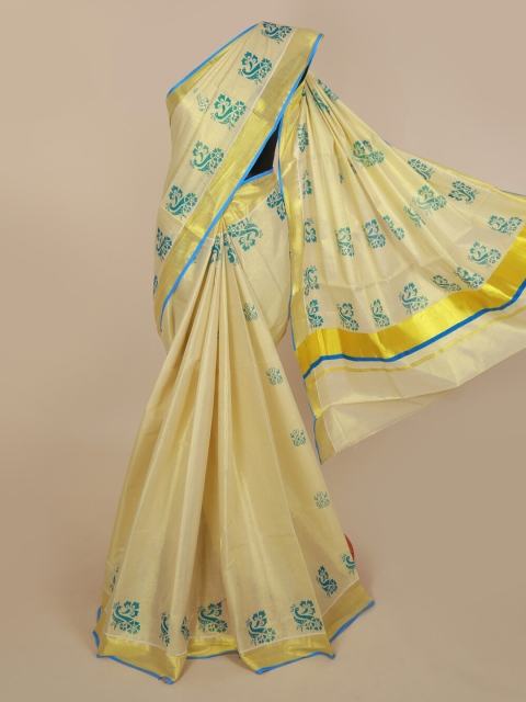 

Pothys Gold-Toned & Beige Embroidered Kasavu Saree