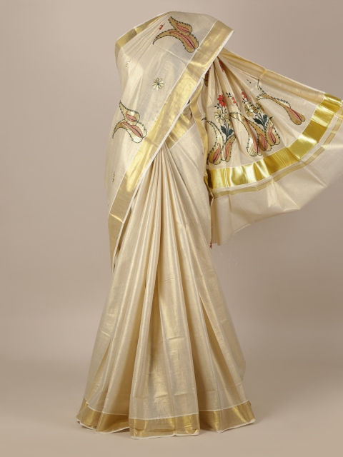 

Pothys Beige & Gold-Toned Pure Cotton Solid Kasavu Saree