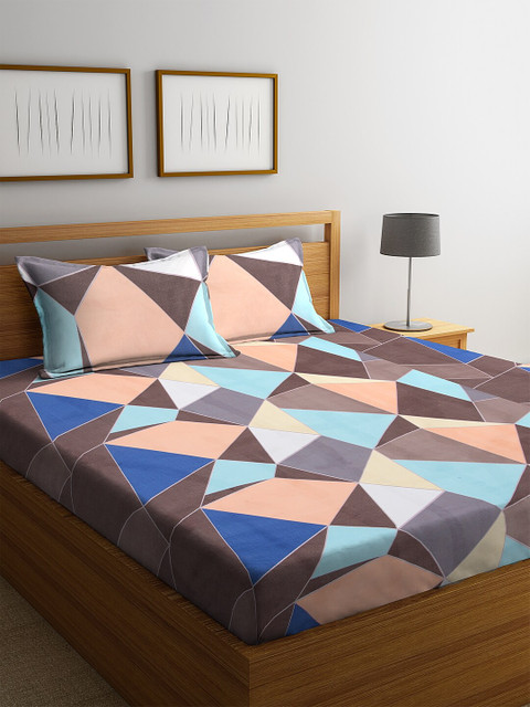 

KLOTTHE Brown & Blue Geometric 210 TC Cotton King Bedsheet with 2 Pillow Covers