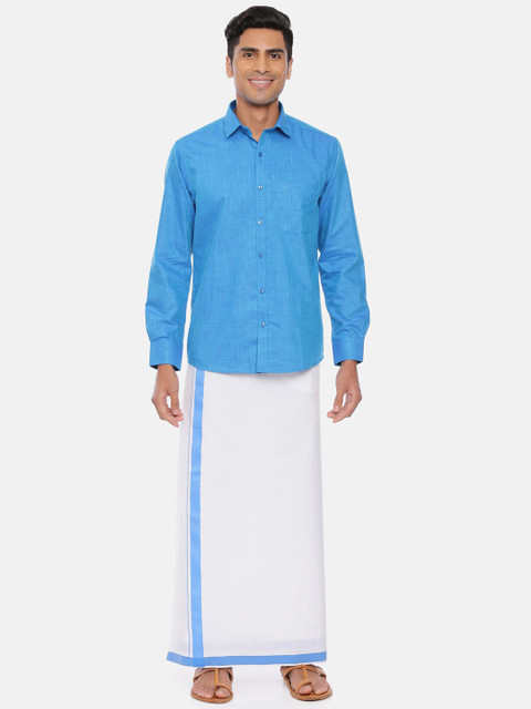 

UATHAYAM Men Blue & White Solid Readymade Shirt & Dhoti Set
