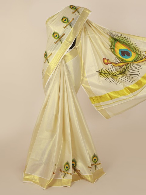 

Pothys Gold-Toned & Beige Solid Kasavu Saree