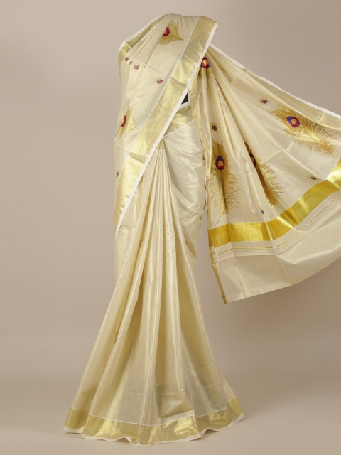 

Pothys Gold-Toned & Beige Pure Cotton Printed Kasavu Saree