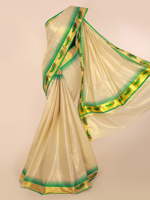 

Pothys Beige & Green Pure Cotton Solid Kasavu Saree