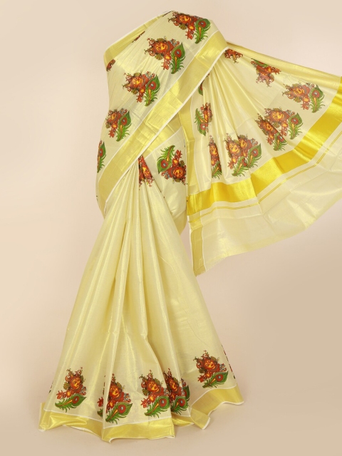 

Pothys Gold-Toned Pure Cotton Printed Kasavu Saree