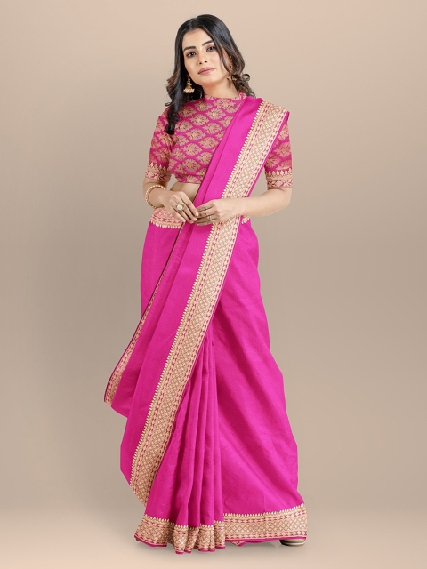

BharatSthali Pink & Gold-Toned Silk Cotton Solid Banarasi Saree