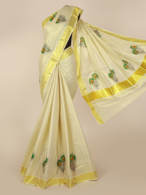 

Pothys Gold-Toned Pure Cotton Printed Kasavu Saree