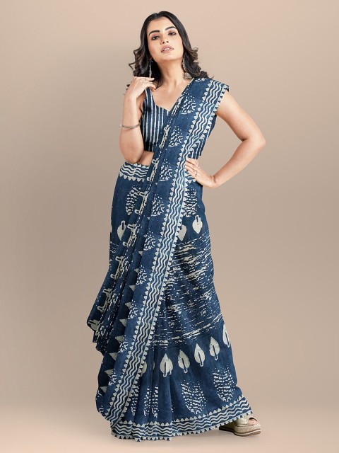 

BharatSthali Navy Blue Pure Cotton Printed Dabu Saree
