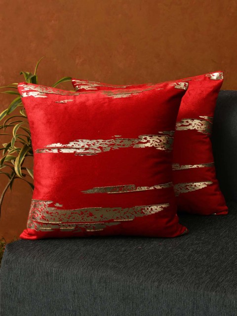 

AMOROSA Set Of 2 Red & Gold-Coloured Embellished Square Cushion Covers