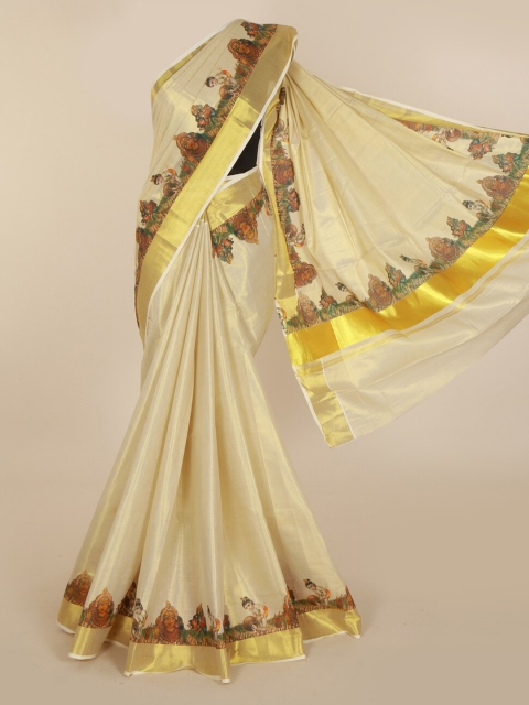 

Pothys Gold-Toned & Beige Pure Cotton Solid Kasavu Saree