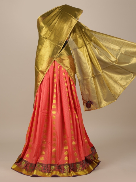 

Pothys Gold-Coloured & Coral Pink Tissue Woven Design Saree