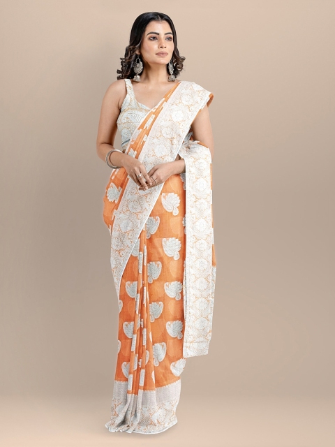 

BharatSthali Orange & Silver-Toned Silk Cotton Printed Banarasi Saree