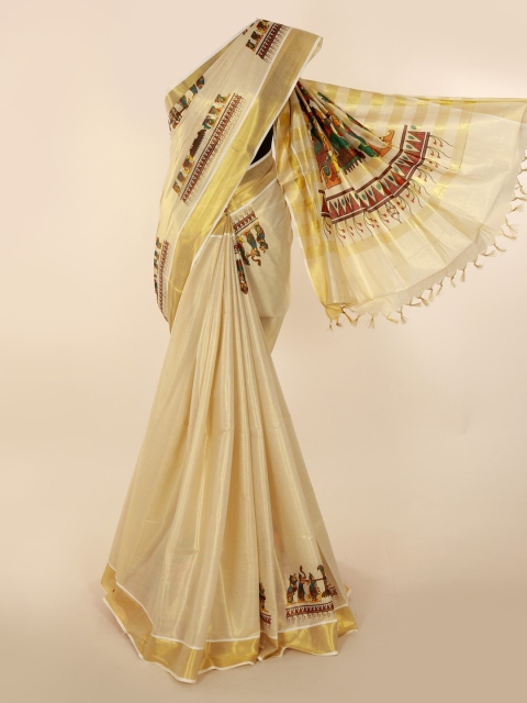 

Pothys Gold-Toned Pure Cotton Solid Kasavu Saree