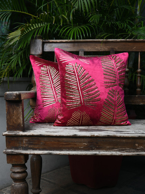 

AMOROSA Set Of 2 Fuchsia Pink & Gold-Coloured Embellished Square Cushion Covers