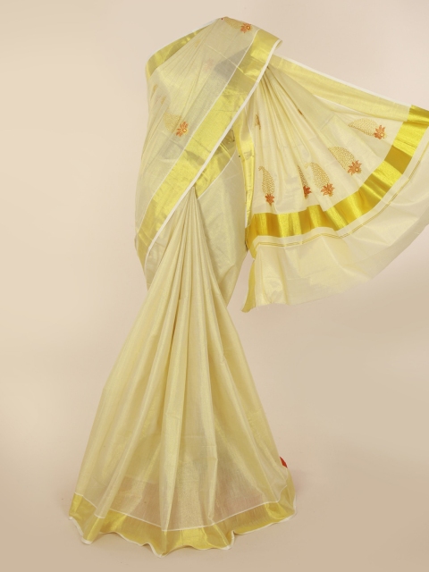 

Pothys Yellow & Gold-Toned Pure Cotton Printed Kasavu Saree
