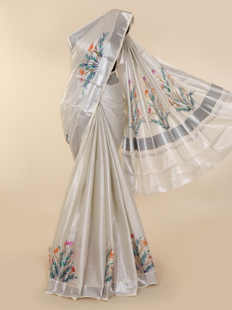 

Pothys Silver-Toned & Off-White Woven Design Kasavu Saree