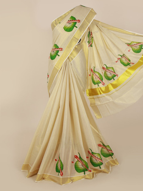 

Pothys Beige & Gold-Toned Pure Cotton Printed Kasavu Saree