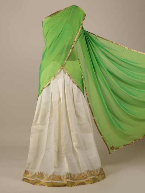 

Pothys Green & Off-White Poly Chiffon Colourblocked Saree