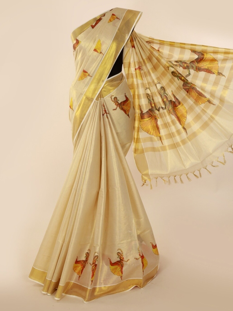 

Pothys Beige & Gold-Toned Pure Cotton Printed Kasavu Saree