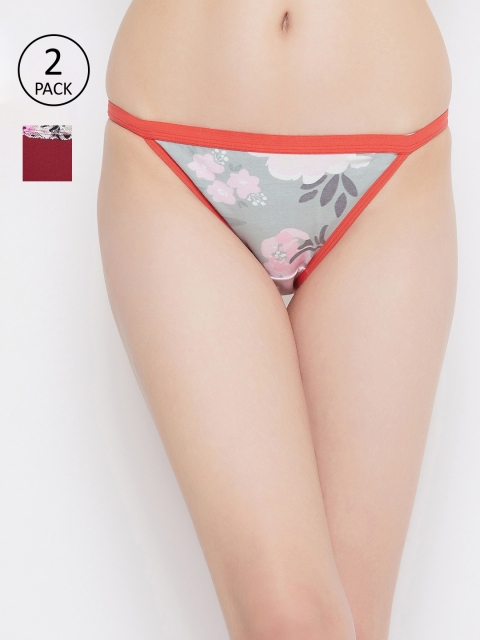 

Clovia Women Pack of 2 Floral Printed Bikini Briefs COMPNC868, Maroon