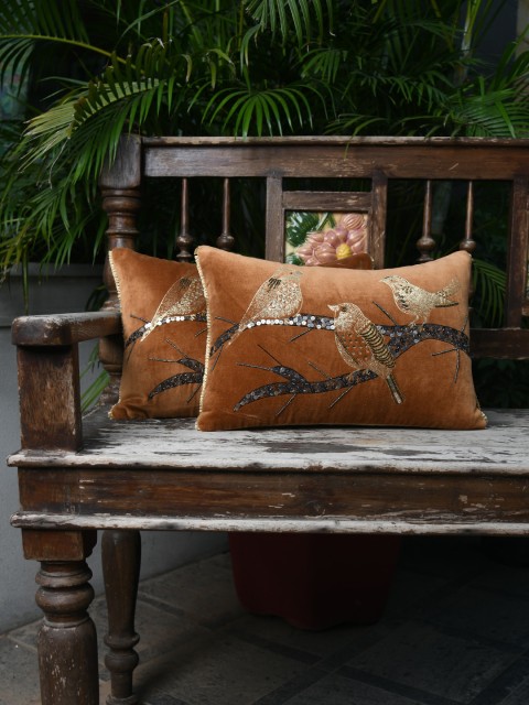 

AMOROSA Set Of 2 Camel Brown & Black Embellished Velvet Rectangle Cushion Covers