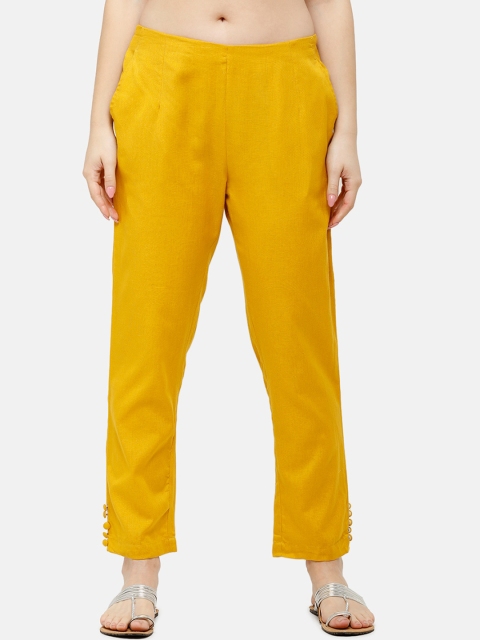 

De Moza Women Yellow Slim Fit Solid Cigarette Trousers