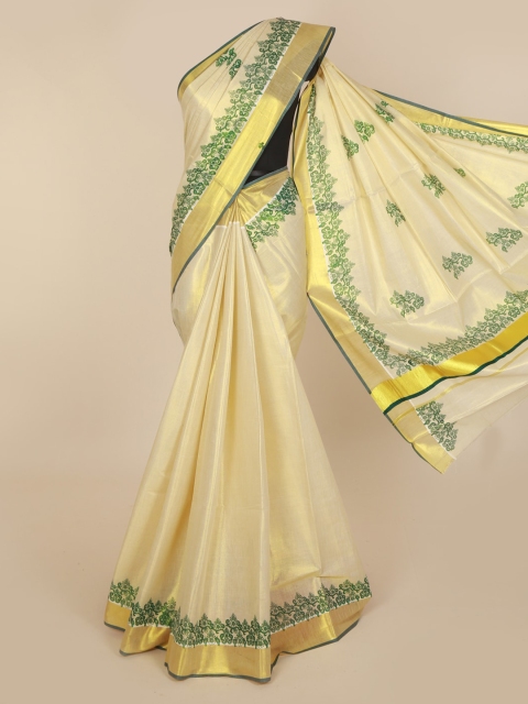 

Pothys Cream-Coloured & Gold-Toned Pure Cotton Printed Kasavu Saree
