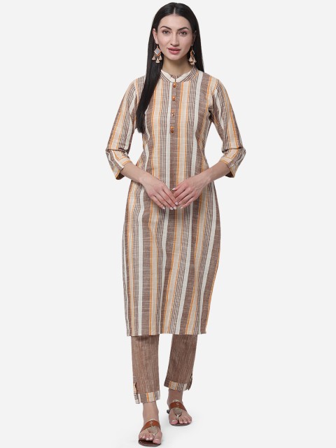 

Kvsfab Women Brown & Off-White Striped Kurta with Trousers