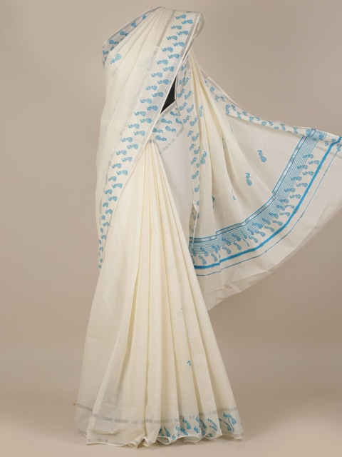 

Pothys Off-White & Blue Pure Cotton Solid Kasavu Saree