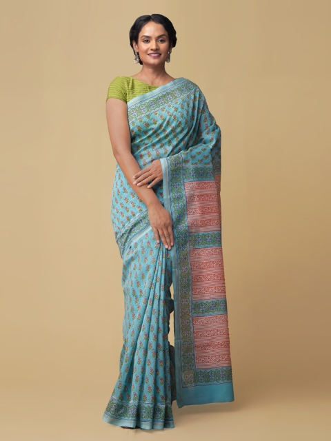 Unnati Silks Blue Pure Cotton Printed Handloom Chanderi Saree