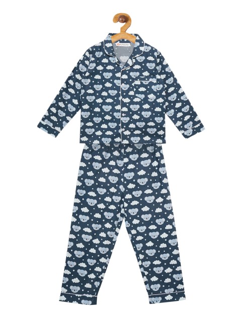 

Fluffalump Kids Navy Blue & Off-White Printed Night suit