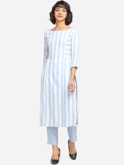 

Yuvraah Women White & Blue Striped Straight Kurta