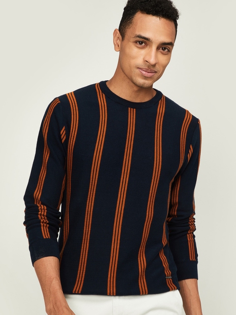 

Bossini Men Navy Blue & Orange Striped Pullover Sweater