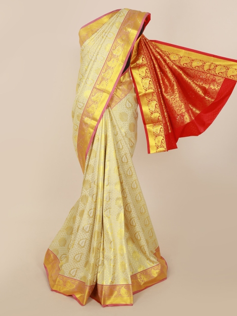 

Pothys Cream-Coloured & Gold-Toned Pure Silk Woven Design Kanjeevaram Saree