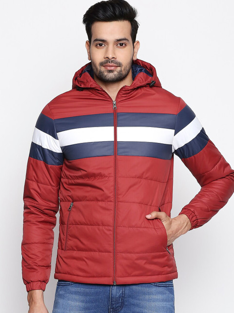 

People Men Maroon & Navy Blue Striped Puffer Jacket