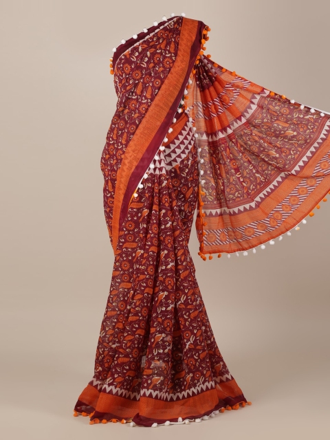 

Pothys Maroon & Orange Linen Blend Printed Saree With Pom Pom