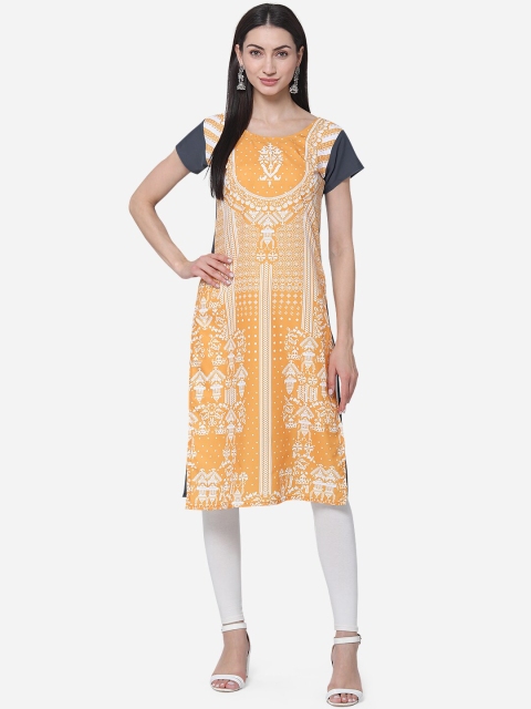

Kvsfab Women Yellow & Grey Colorblocked Straight Kurta