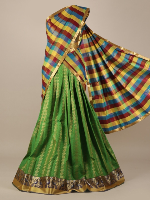 

Pothys Green & Gold-Toned Tissue Woven Design Half Saree
