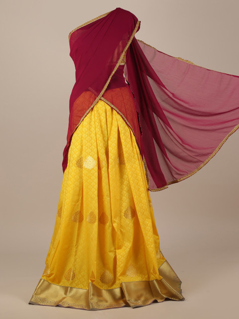 

Pothys Maroon & Yellow Poly Chiffon Woven Design Half Saree